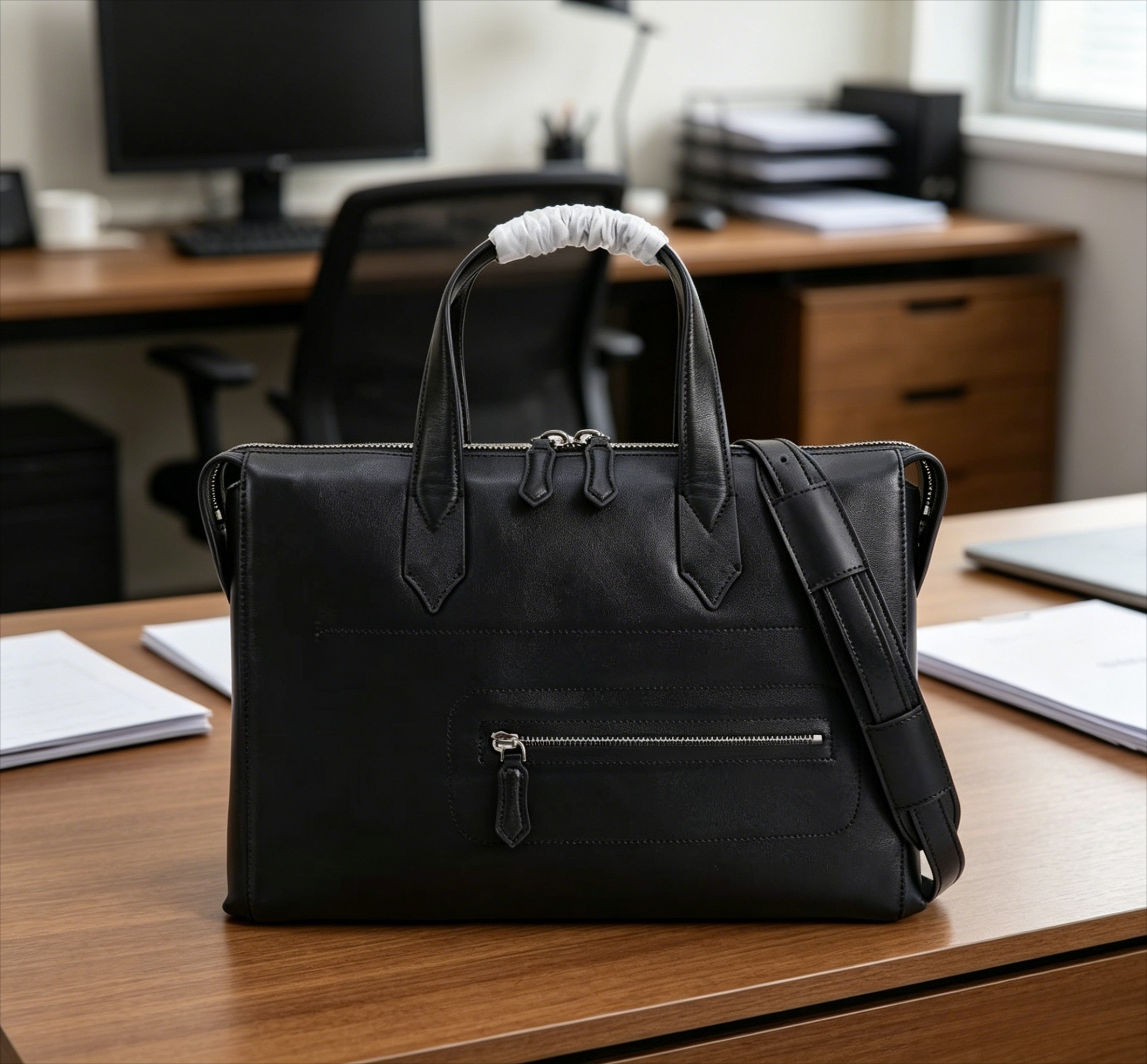 Briefcase Leather Slim - Classic Black Soft Leather Slim Briefcase,